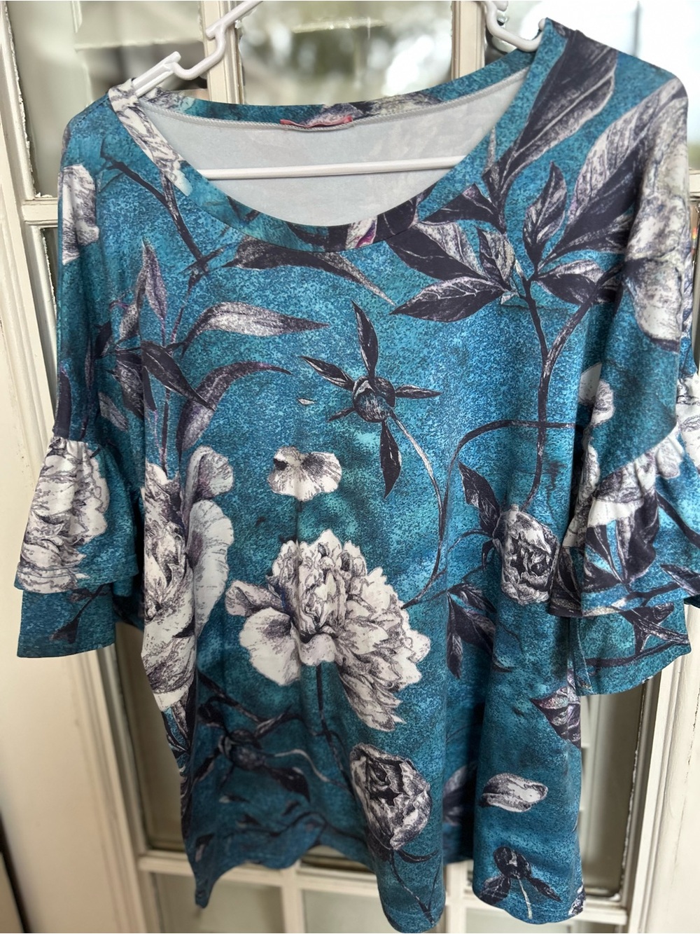 Plus Size Floral Ruffle Sleeve Women’s Top - Teal Blue